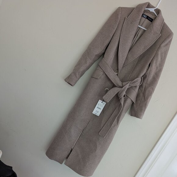 ZARA WOMAN TAUPE BROWN MINK  WOOL BLEND LAPEL COLLAR COAT NWT XS - Picture 1 of 7